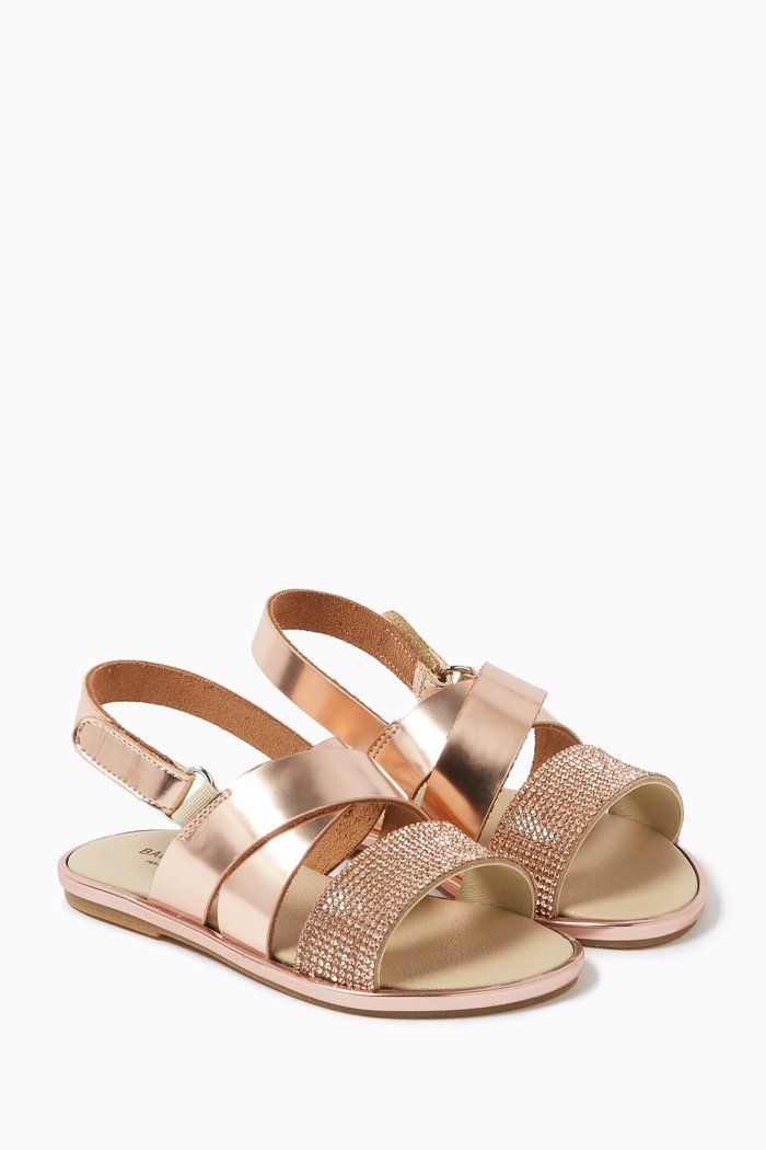 

Rhinestone Cross Band Sandals in Leather, Gold