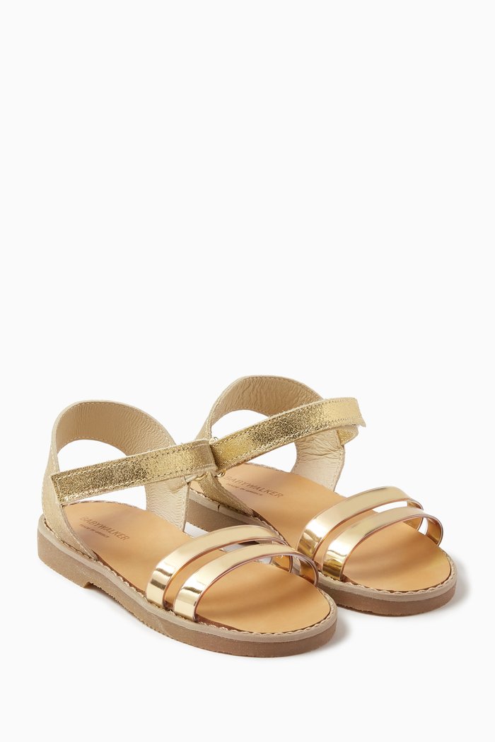 

Double Strap Sandals in Metallic Leather, Gold