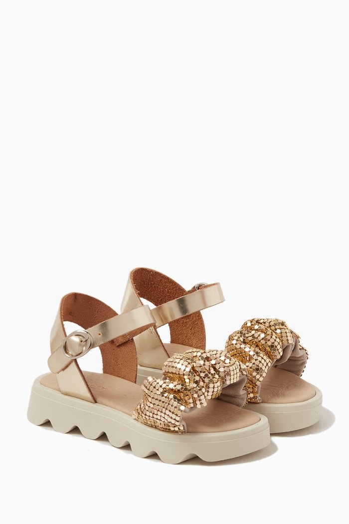 

Reflective Ribbon Strap Chunky Sandals, Gold