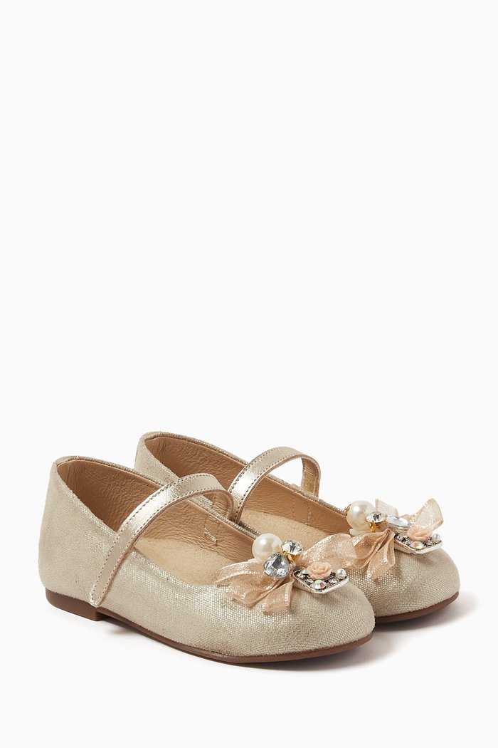 

Pearl & Bow Embellished Ballerina Flats, Gold