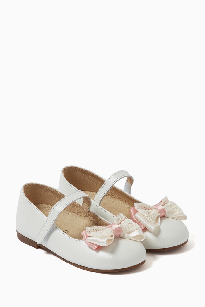 Double Bow Ballerina Flats in Leather, Pink