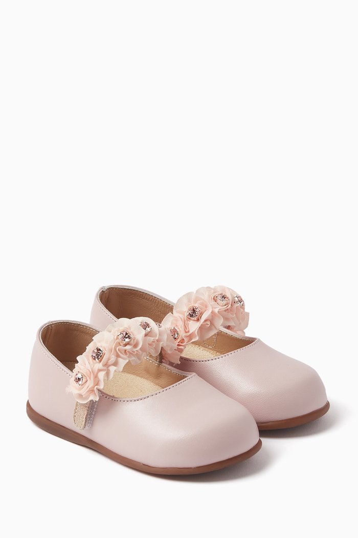 

3D Floral Ballerina Shoes in Leather, Pink