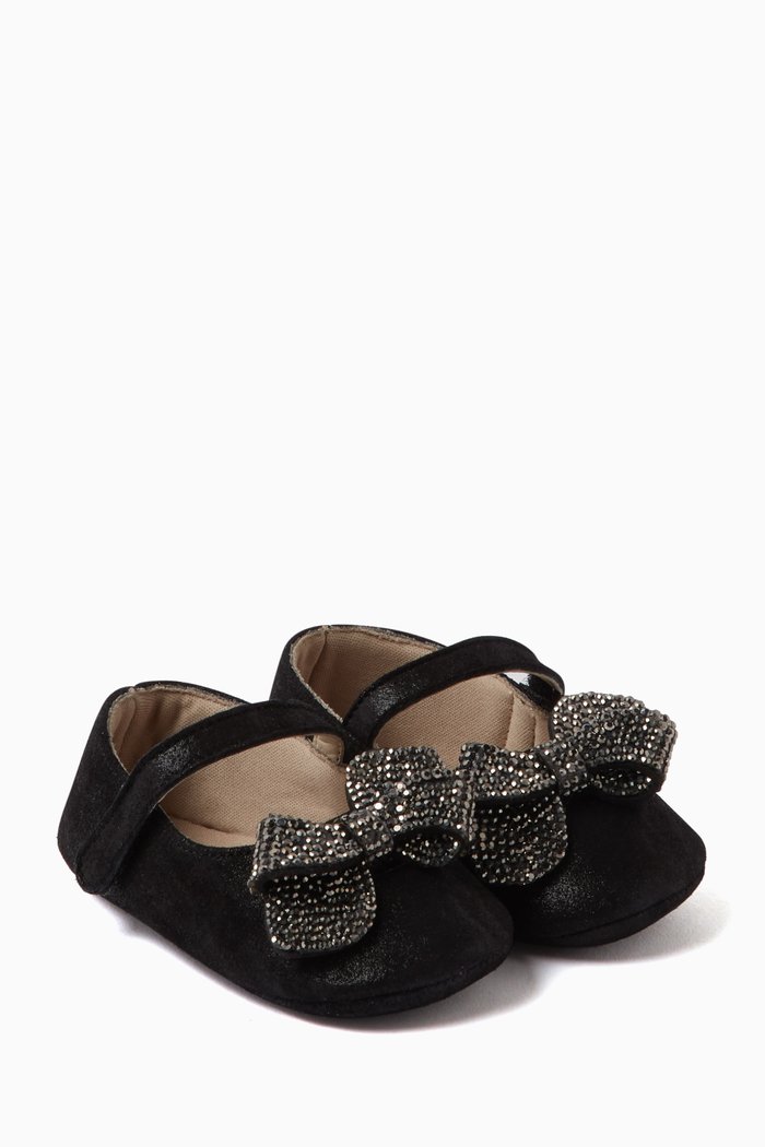 

Rhinestone Ribbon Ballerinas in Metallic Leather, Black