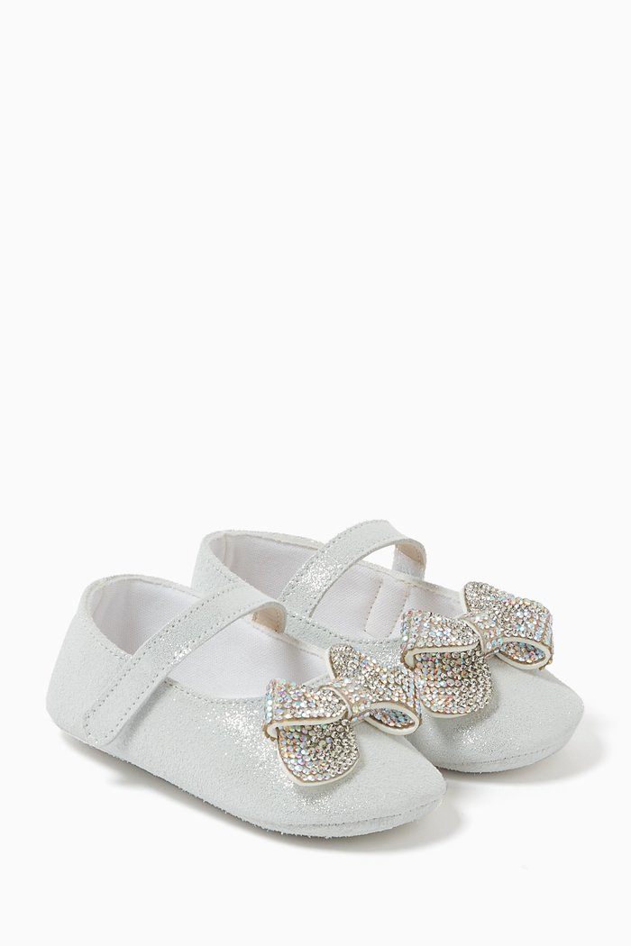 

Rhinestone Ribbon Ballerinas in Metallic Leather, Neutral