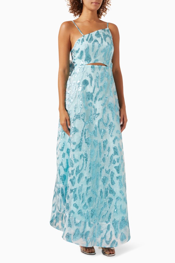 

Geena Tie-back Maxi Dress in Metallic-fabric, Blue