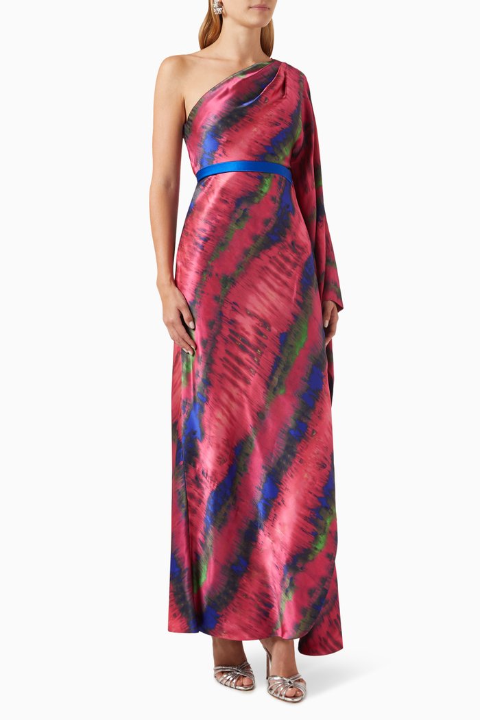 

One-shoulder Tie-dye Draped Maxi Dress in Silk-satin, Pink