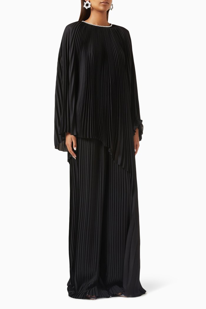 

Swarovski Crystal-embellished Tunic Top in Plissé-satin, Black