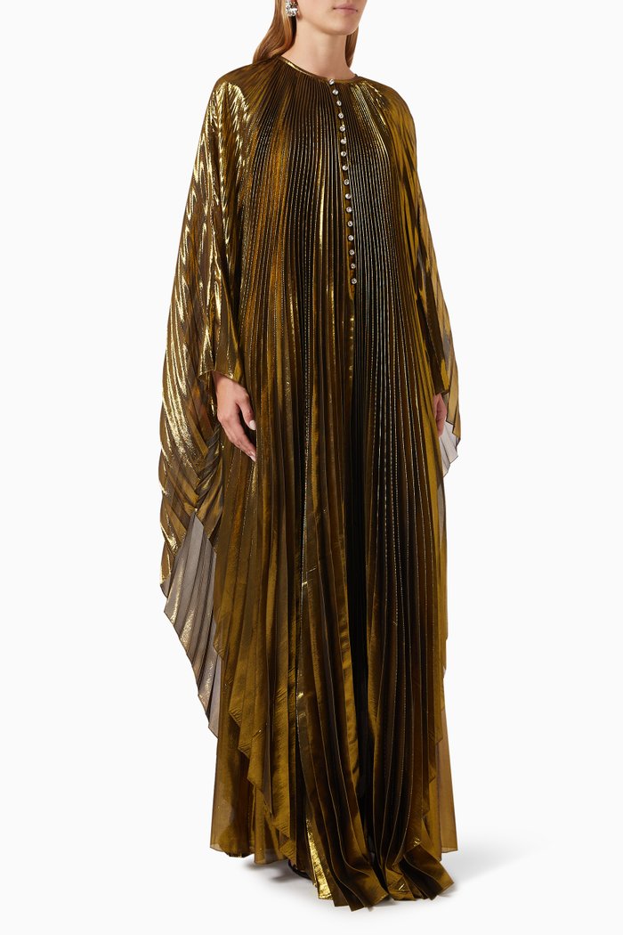 

Swarovski Crystal-embellished Maxi Dress in Plissé Lamé, Gold