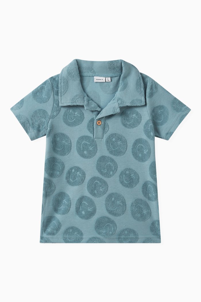 

Smiley Face-embroidered Polo Shirt in Cotton-blend, Blue