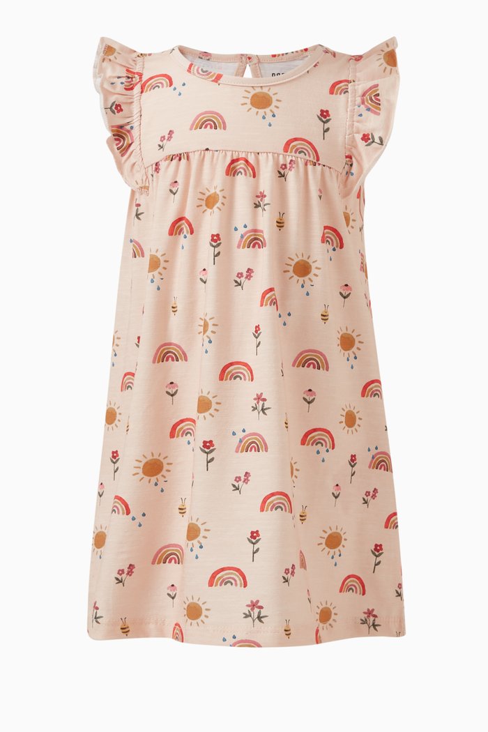

Ruffled Graphic-print Dress in Cotton, Pink
