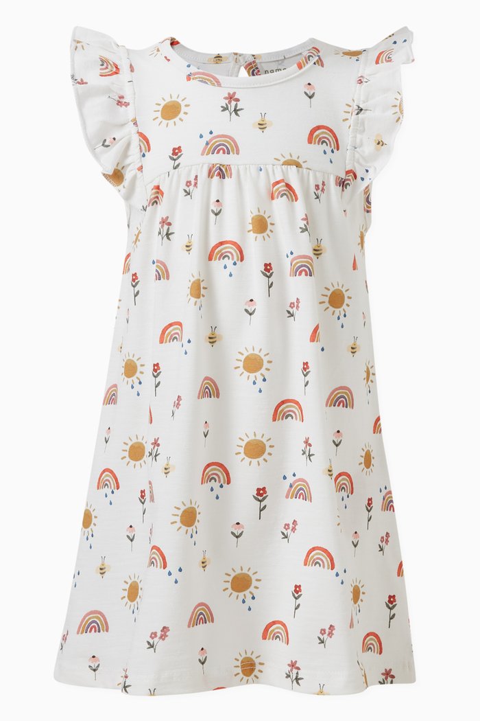 Ruffled Graphic-print Dress in Cotton, White