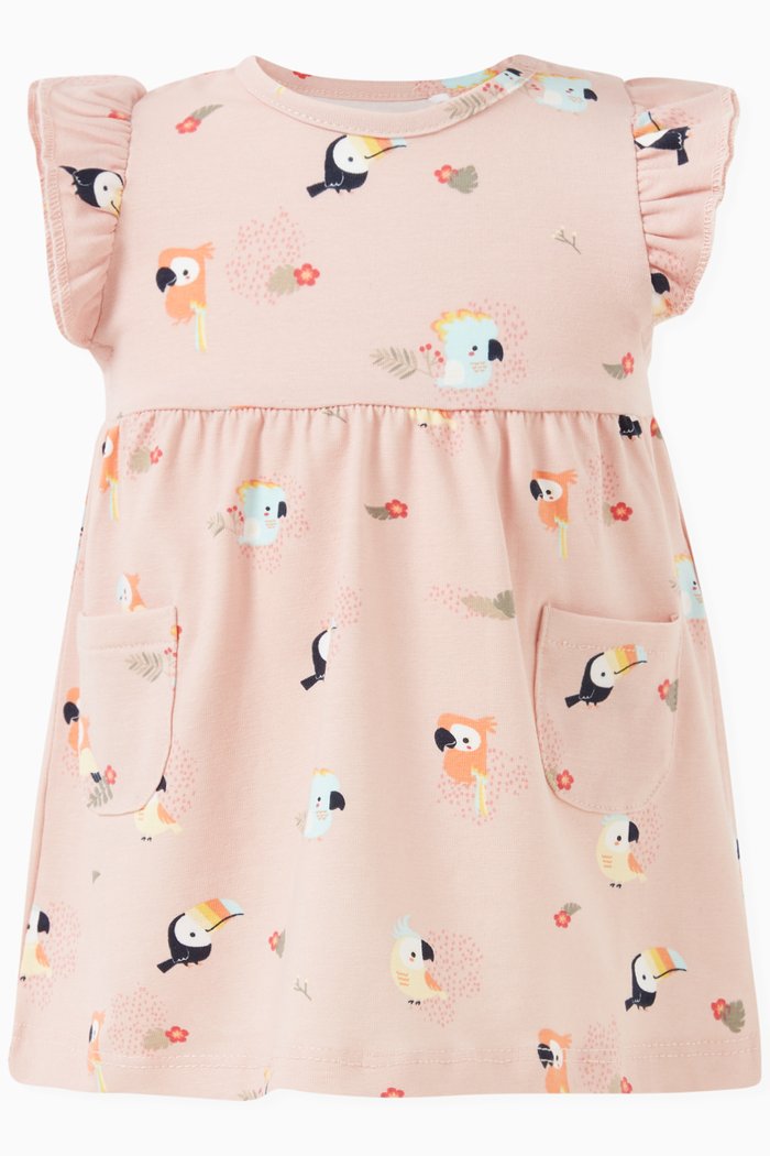 

Bird-print Dress in Cotton, Pink
