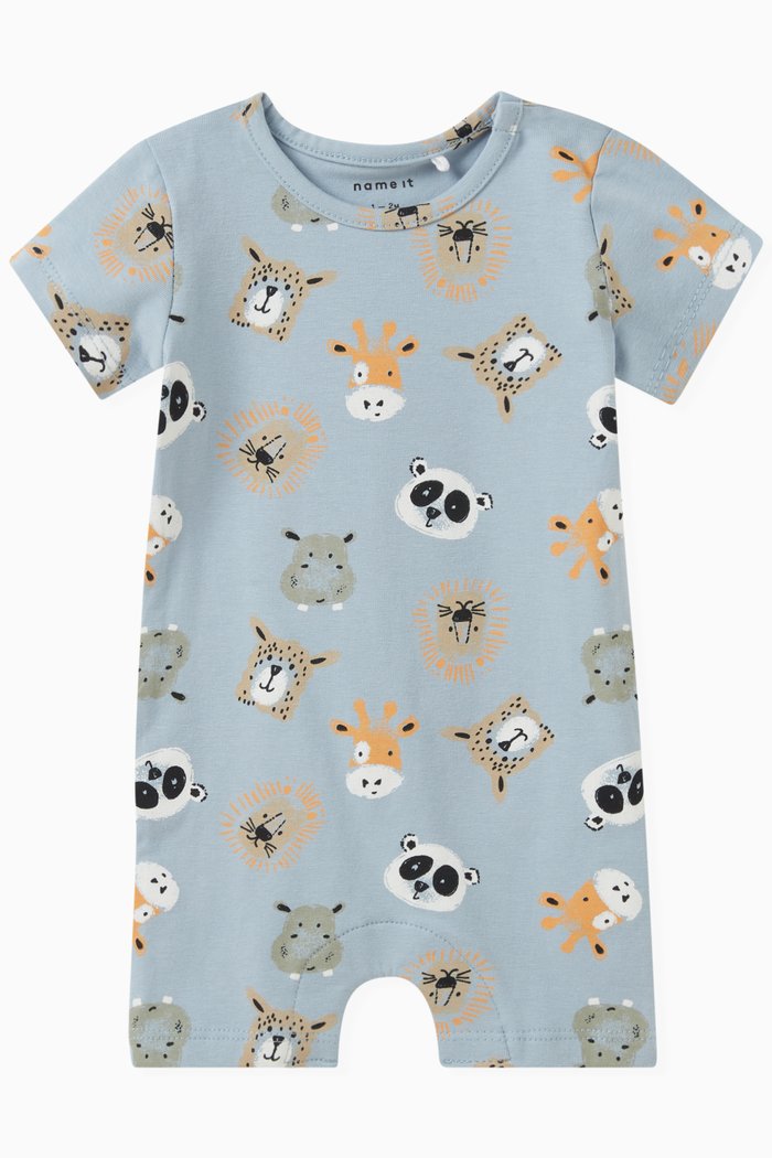 Animal Print Romper in Stretch Organic Cotton Jersey, Blue