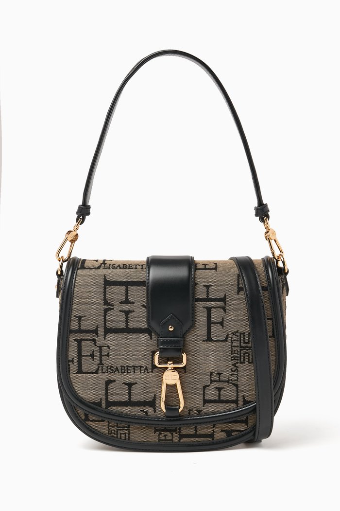 

Medium Logo Lettering Shoulder Bag in Canvas Jacquard, Brown