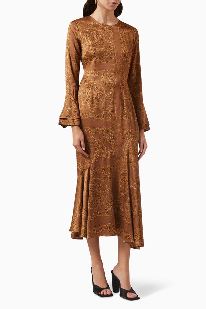 

Ophelia Bandana-print Midi Dress in Viscose-satin, Brown