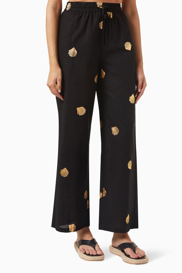 Demi Shell-print Pants in Cotton-linen Blend, Black