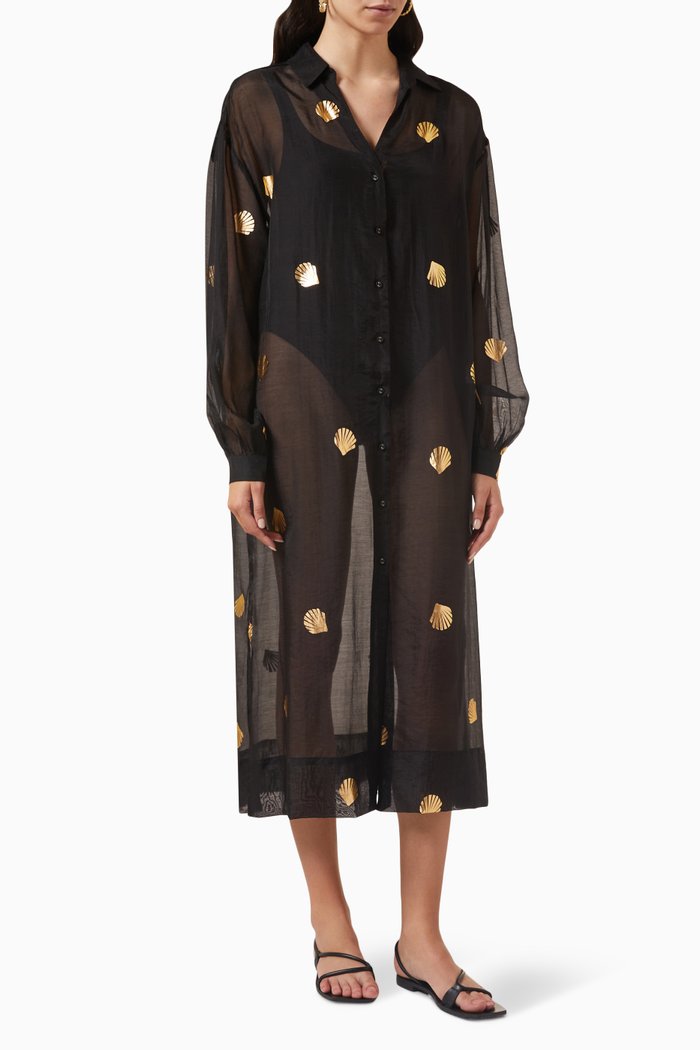 

Lila Shell-print Sheer Midi Shirt Dress, Black