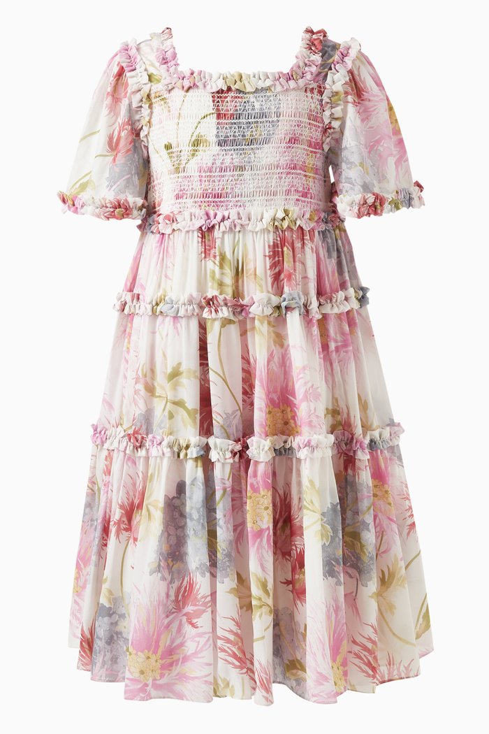 Hummingbird Chiffon Smocked Dress in Polyester, Multicolour