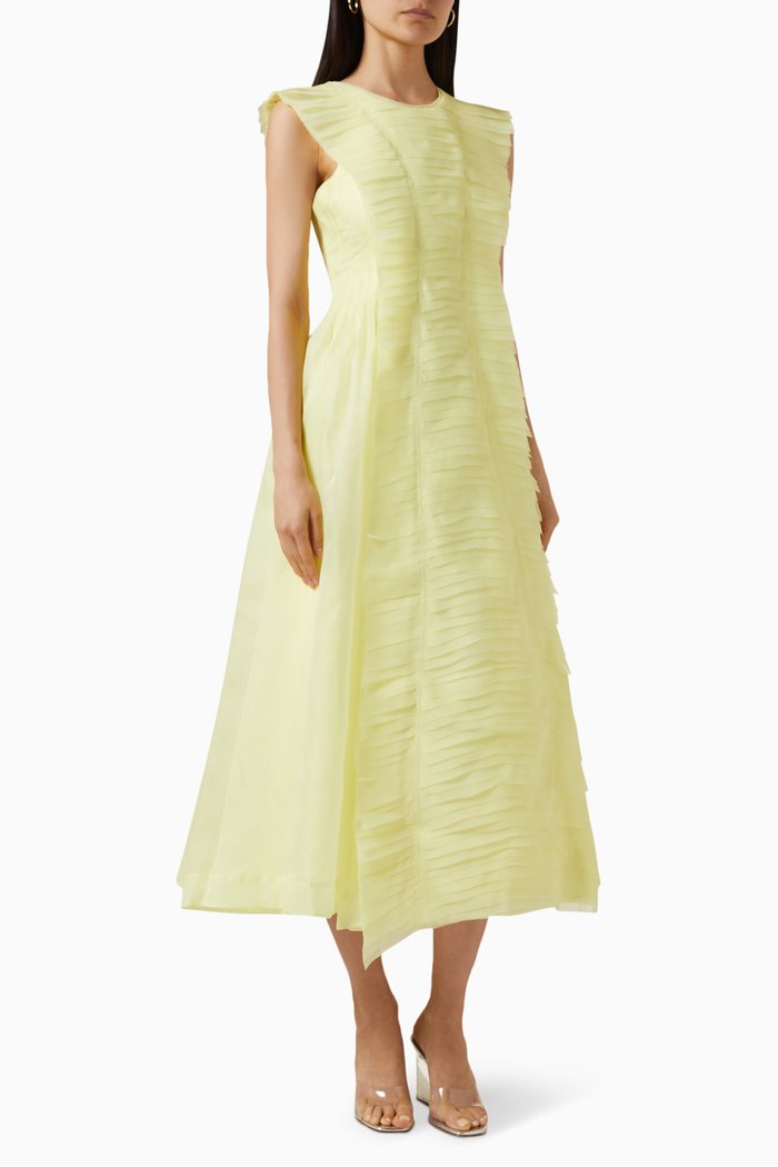 

Astrid Pleat Panel Midi Dress in Organza, Yellow
