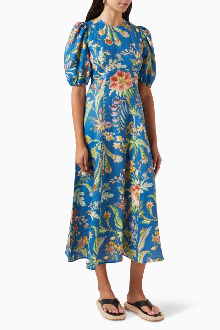 

June Midi Dress in Linen, Blue