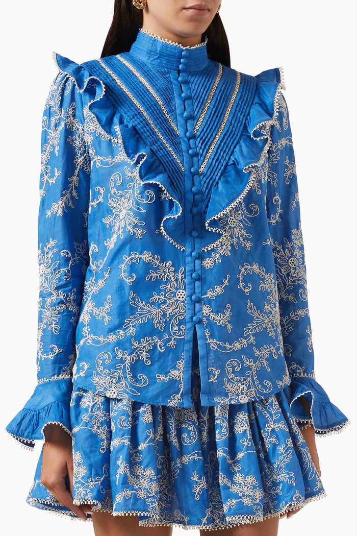 

Bonnie Embroidered Blouse in Cotton, Blue
