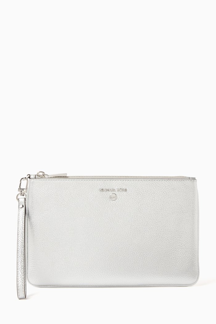 

Large Metallic Wristlet in Pebbled Leather, Silver