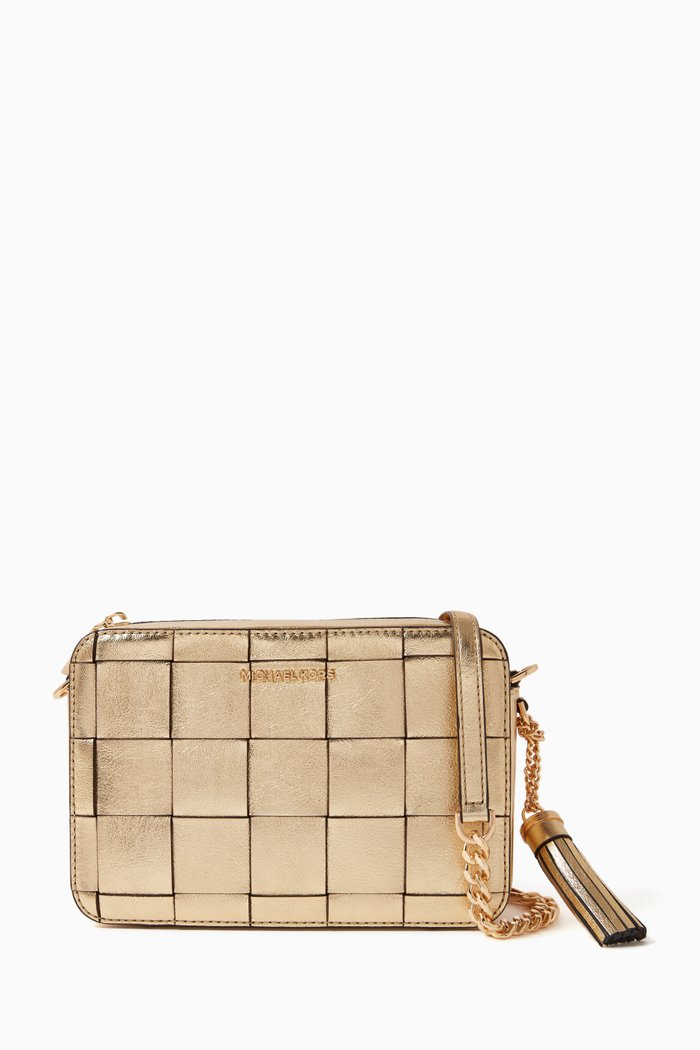 

Medium Ginny Crossbody Bag in Woven Leather, Gold