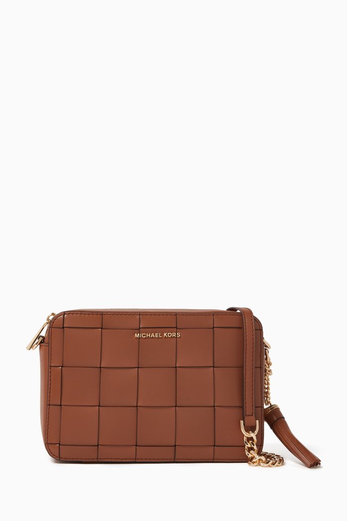 

Medium Ginny Crossbody Bag in Woven Leather, Brown