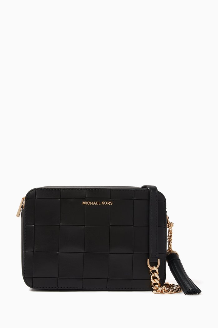 

Medium Ginny Crossbody Bag in Woven Leather, Black