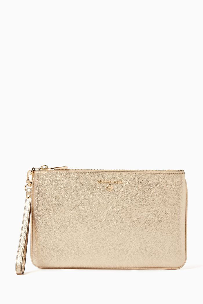 Large Metallic Wristlet in Pebbled Leather, Gold