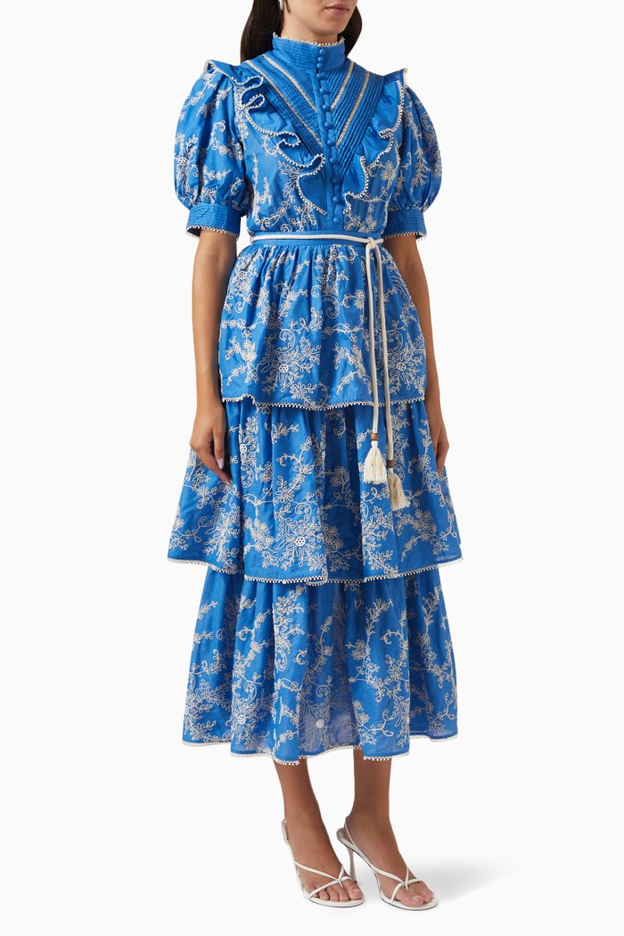 

Bonnie Embroidered Midi Dress in Cotton, Blue