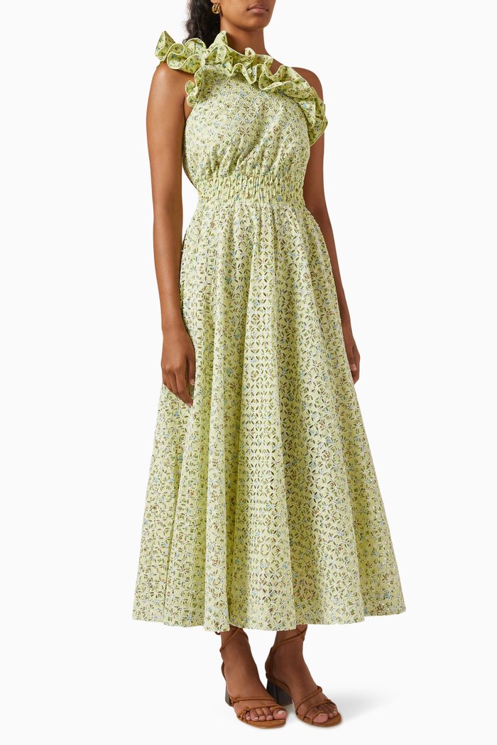 

Maeve One-shoulder Midi Dress in Cotton, Green