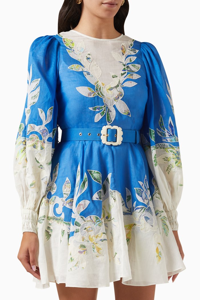 

Rita Embroidered Mini Dress in Linen, Blue