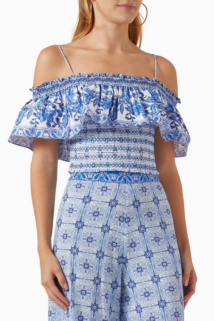 

Kia Smocked Cold-shoulder Crop Top, Blue