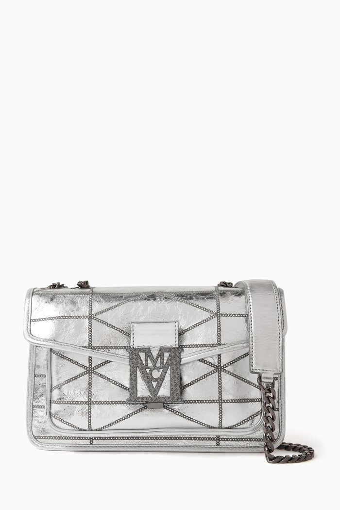 

Small Travia Quilted Shoulder Bag in Crushed Leather, Silver