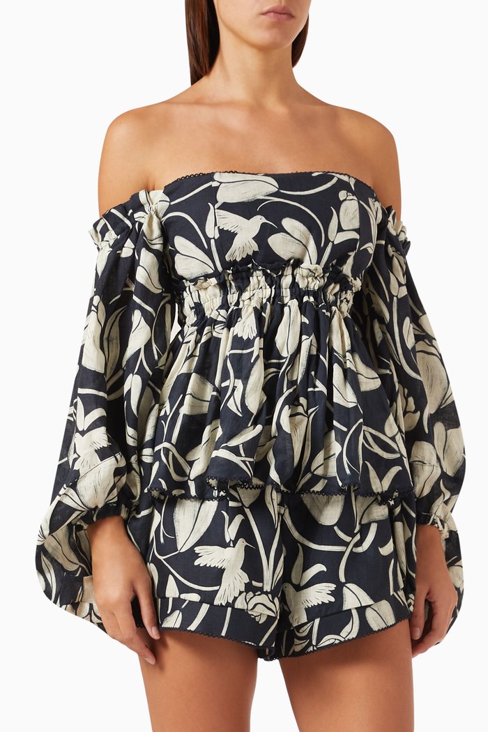 

Jamaica Flora Off-shoulder Top in Linen, Blue