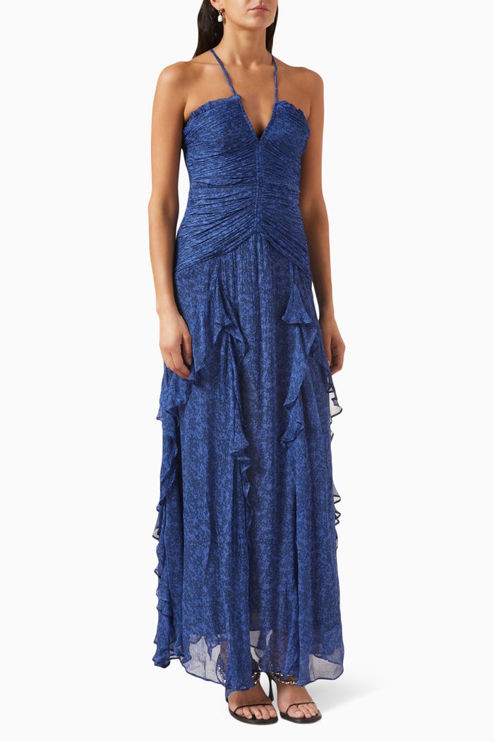 

Saldanha Ruched Frill Maxi Dress in Chiffon, Blue