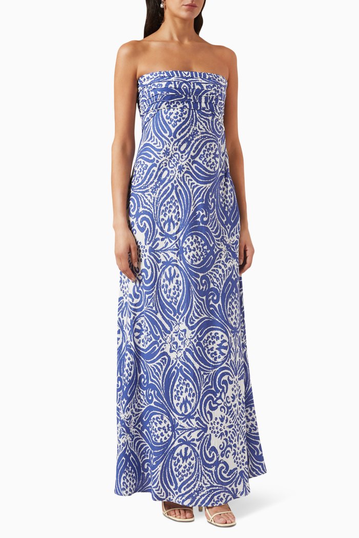 

Pombeline Strapless Corded Maxi Dress in Linen-blend, Blue