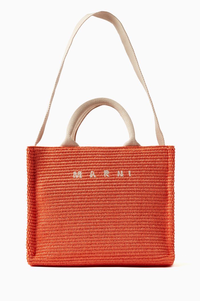 

East-West Small Tote Bag in Raffia, Orange
