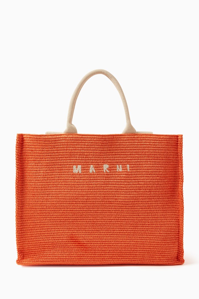 

East-West Large Tote Bag in Raffia, Orange