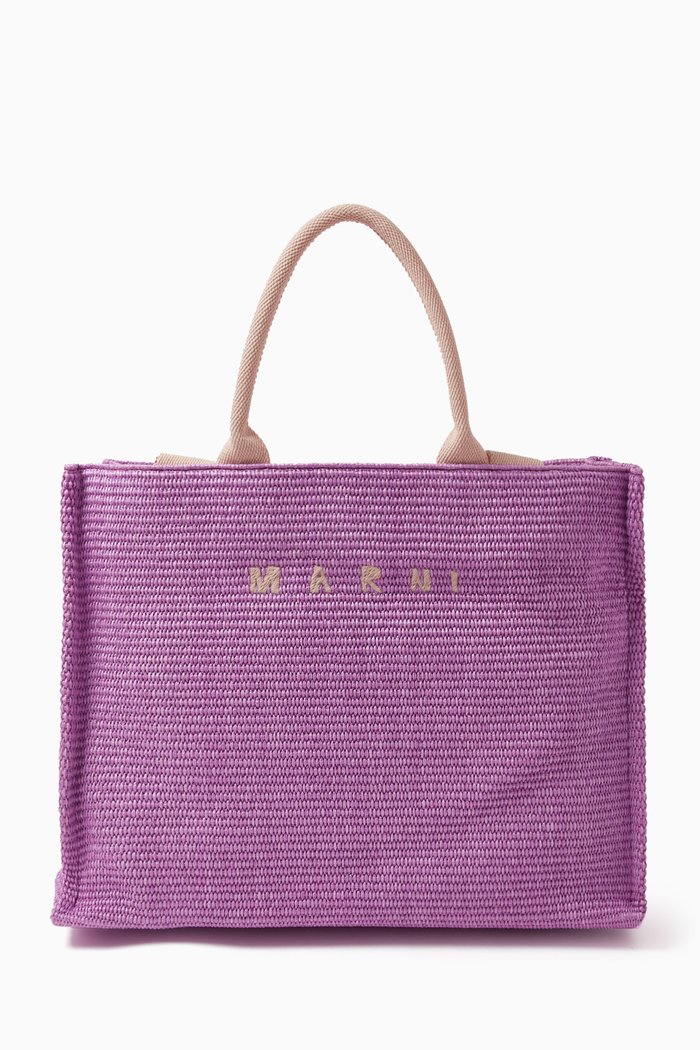 

East-West Large Tote Bag in Raffia, Purple