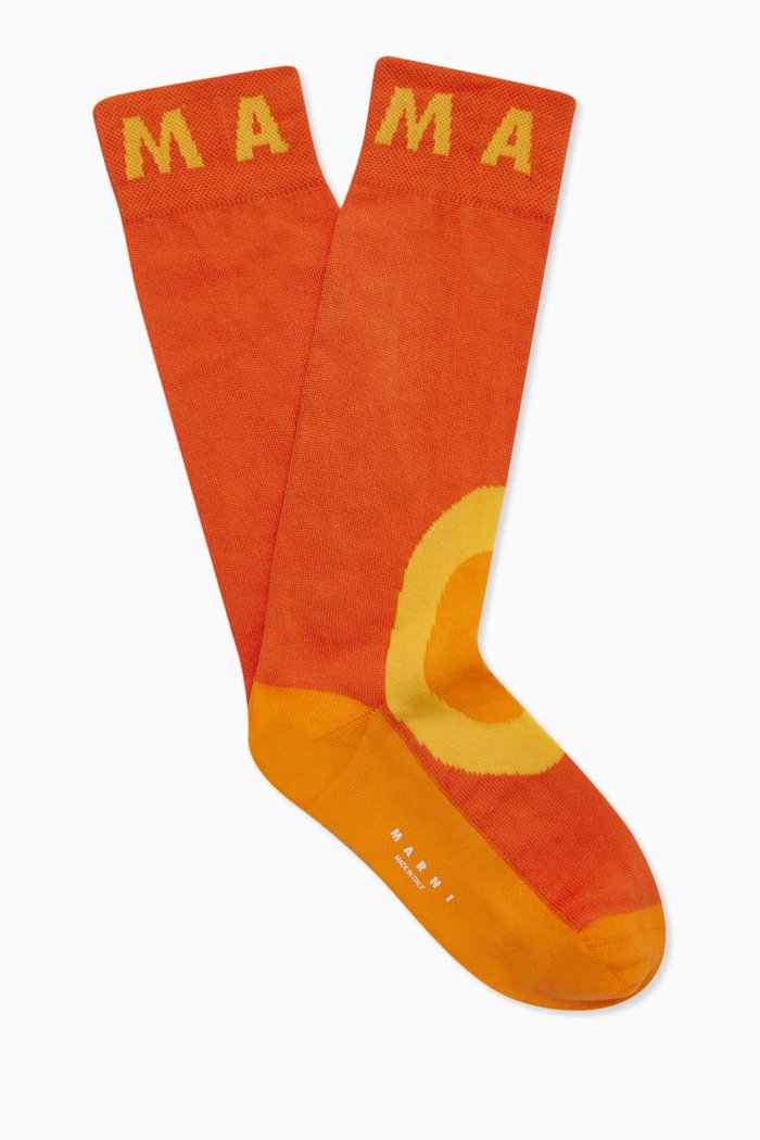 

Colour-block Mid-calf Socks in Cotton-nylon Blend Knit, Orange