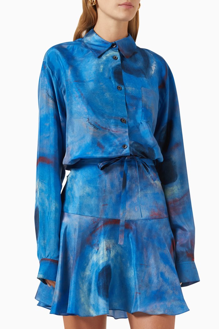 

Buchi Blu Abstract-print Crop Shirt in Silk Habotai, Blue