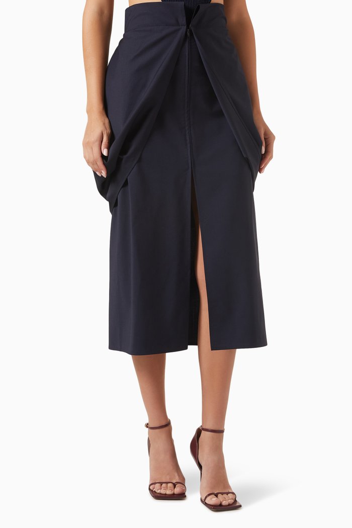 

Plakhta Draped Midi Skirt in Viscose, Blue