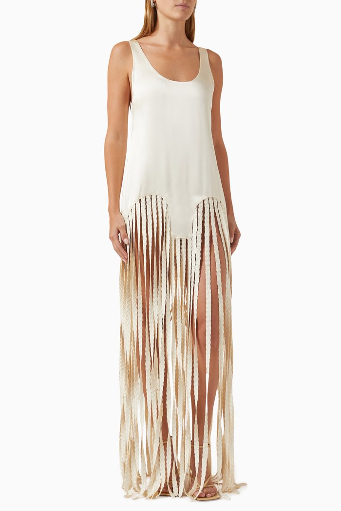 

Spikelet Fringe Maxi Dress in Viscose-satin, Gold