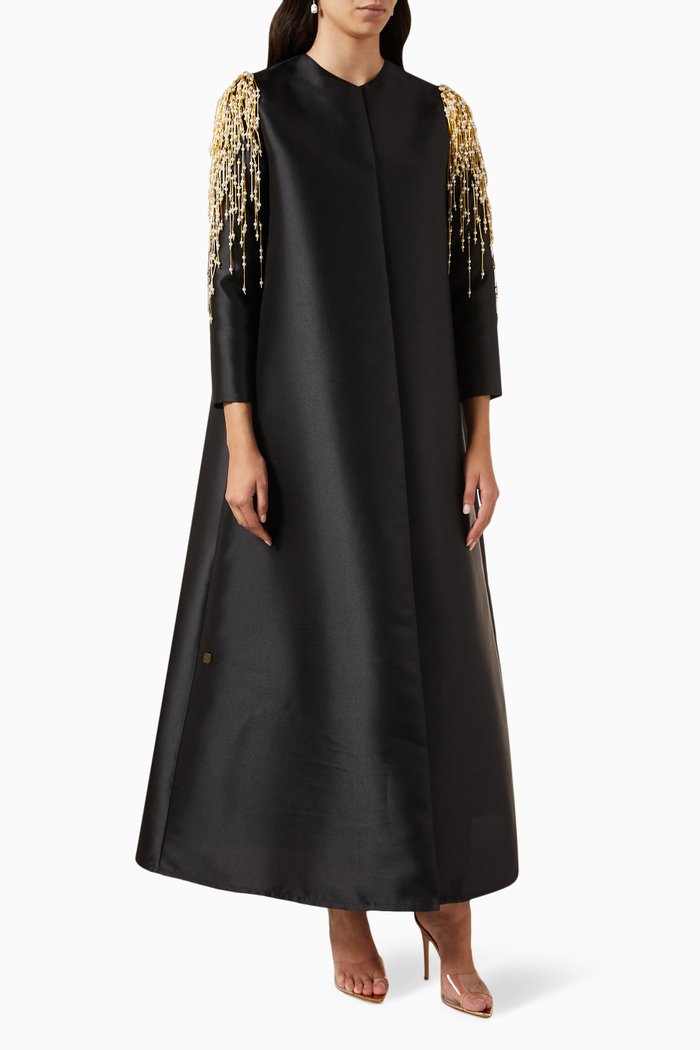 

Dangling Crystals Abaya in Raw Silk, Black