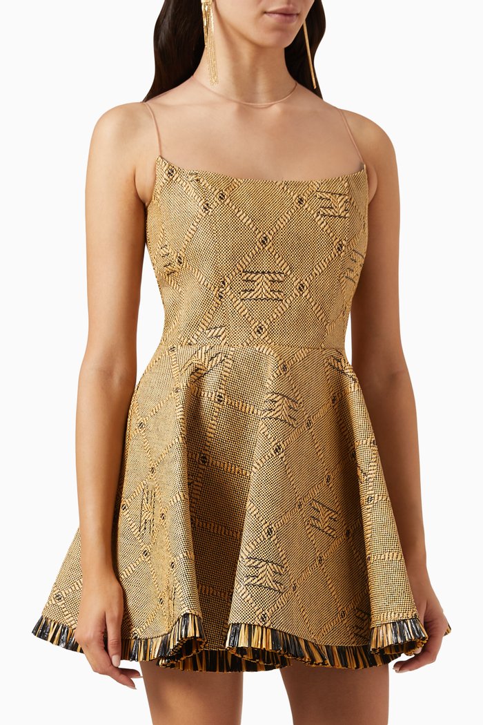 

Mini Dress in Diamond-pattern Raffia, Brown