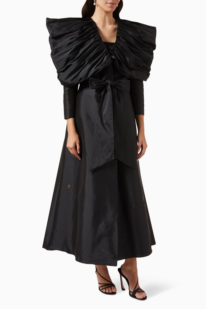 

Draped Standing Sleeves Abaya in Organza Silk, Black