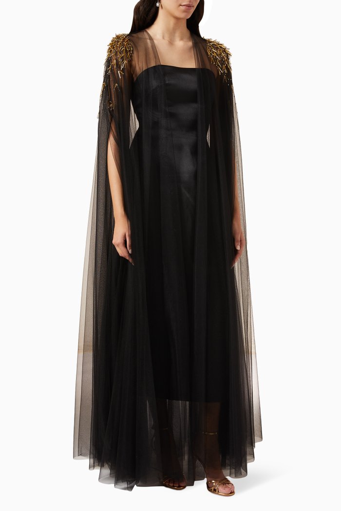 

Embroidered Shoulder Abaya in Soft-tulle, Black