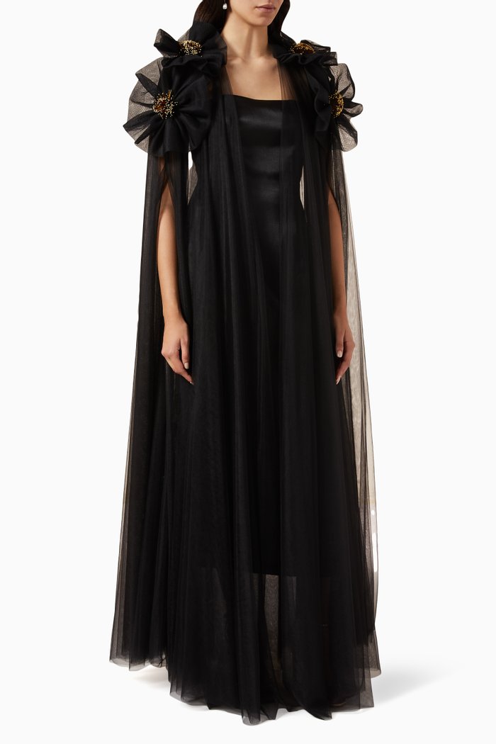 

Embellished Flower Cape Abaya in Soft-tulle, Black